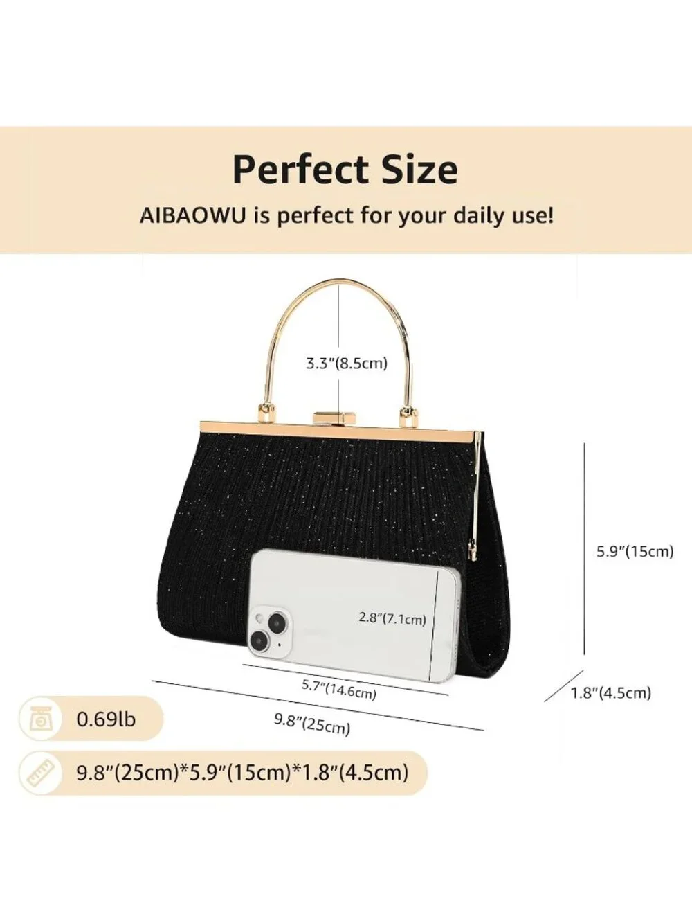 Women's Black F Glitter Pleated Clutch Purse For Sparkly Evening Wedding Bag